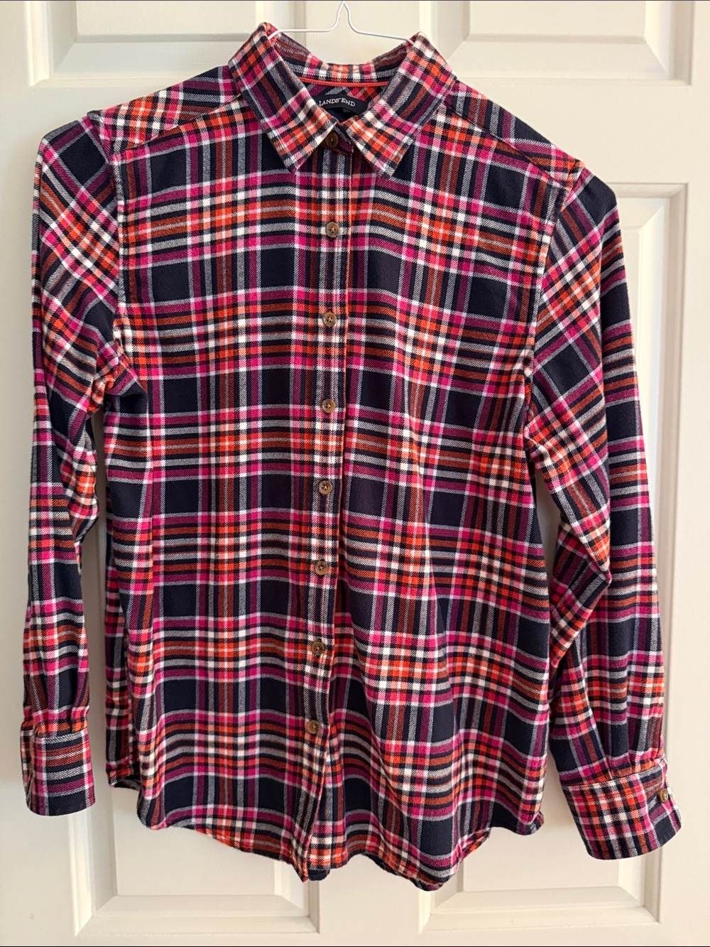 Lands' End Women’s Petite Navy, Pink & Orange Plaid Button-Down Flannel Shirt
